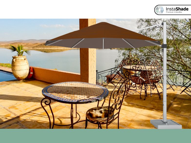 Brown Cantilever Umbrella in Rustic Patio